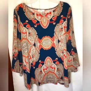 Dressbarn 2X Boho Ornate Paisley Blouse Top Bell Sleeve Peasant Blue Tan Artsy